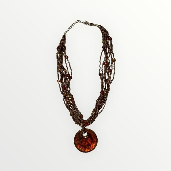 Vintage Murano Glass Pendant Beaded Necklace Beads Bronze Copper Glass 1990s 18" - Picture 3 of 7